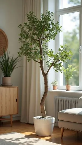 decorative tree in pot, living room,home staging,a plant in a pot sits beside a window,bonsai tree,bonsai,danish furniture,bamboo plants,houseplant,wooden flower pot,potted tree,wooden mockup,soft fur