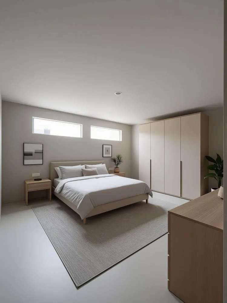 a minimalist bedroom with a large bed and storage cabinets