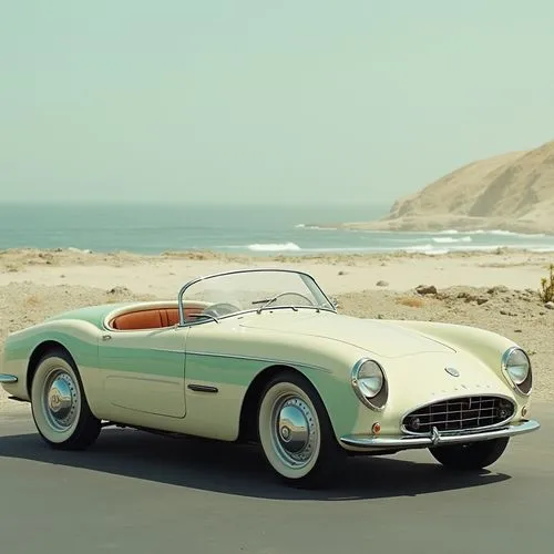 A retro-inspired convertible designed for leisurely drives along coastal highways. The body is an elegant fusion of vintage curves and modern lines, with chrome bumpers and wide, white-wall tires. The