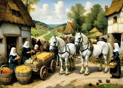 many figures of medieval people, a market-fair in Germany, a painting and layout style with the perspective of Pieter Bruegel, nuns on the counters selling cheese, bread, wine in barrels, apples, hone