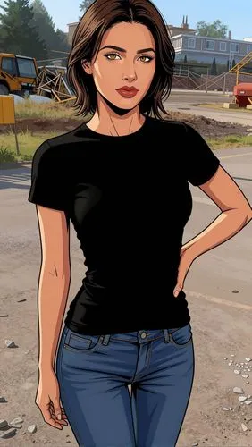 Manhwa Style :
Latin woman with Mexican features, gold-brown eyes., she wears black blose.
,the young girl in black shirt is posing for the camera,main character,newswoman,comic style,android game,c