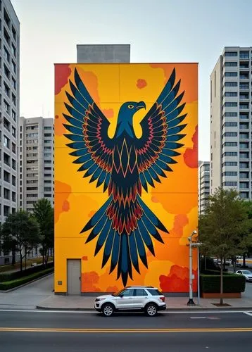 the large mural on the wall of this building depicts a bird with outstretched wings,mural,public art,eagle vector,phoenix,phoenix rooster,muralist,eagle eastern,gray eagle,wall painting,muralists,pain