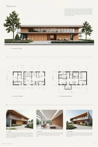 A professional architectural presentation board with a Pure background and a clean, minimalist design layout. The board includes:

Top Section: On the top left, a photorealistic render of a contempora