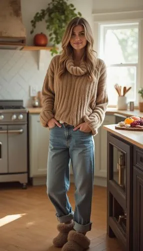 A cozy fall outfit with a chunky turtleneck, relaxed jeans, and fur-lined slippers. She’s preparing a charcuterie board in a sunlit kitchen, bringing a sense of warmth and comfort to a homey autumn lo