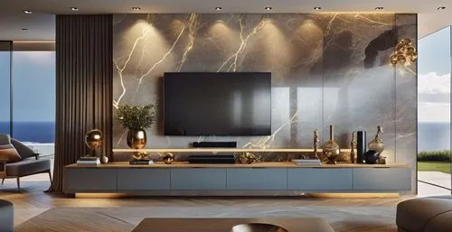 A modern Tv wall design for a modern Villa .,a television stand and table with a large screen mounted above it,modern living room,modern decor,interior modern design,luxury home interior,contemporary 