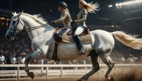 female rider rids her big white horse in a race ,two people wearing armor are on the back of a horse,equestrian sport,equitation,horsewoman,lusitano,horse and rider cornering at speed,andalusians,lusi
