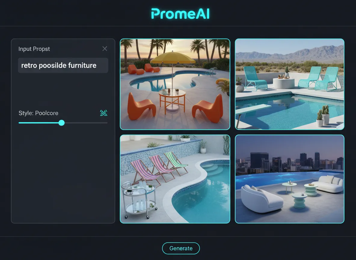 Un'interfaccia di PromeAI che mostra un prompt di testo per 'arredamento retrò per bordo piscina' e quattro varianti generate di una scena Poolcore.