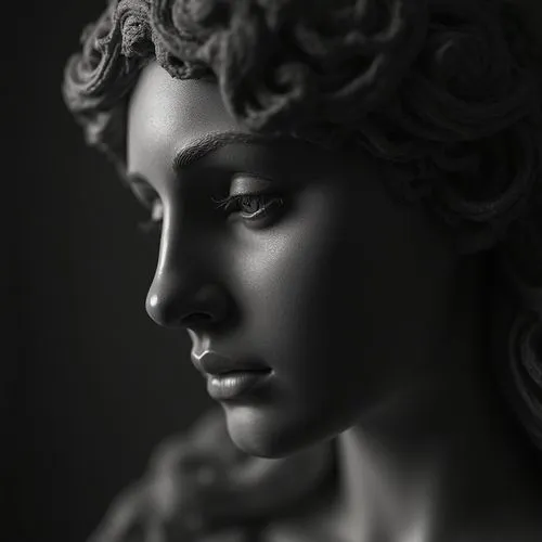 hyperrealistic  a close - up image of an statue beautiful, kind, charming, sociable, atmospheric photos, exotic,  8k, Hyper detailed
,a black and white pograph of a young woman's face,antinous,greek s