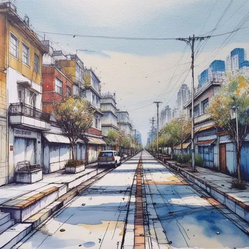 Color sketch,tram road,watercolor painting,villeray,davisville,tram,tramways