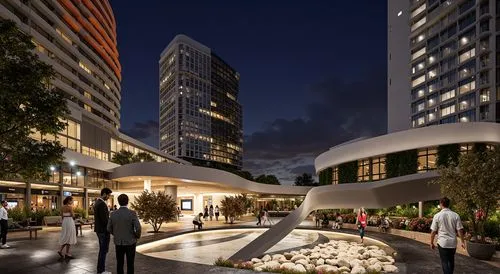 A photo-realistic rendering of a futuristic cityscape at night from a bird's eye view. the image features a bustling outdoor plaza with multiple buildings, including a large, curved building with oran