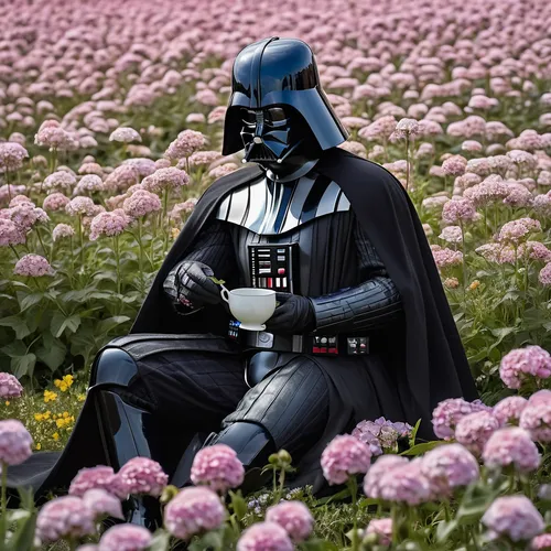Darth Vader sitting in a flower field, white flowers and blue flowers and pink flowers, aesthetic, coquette, sipping tea, picnic,field of flowers,sea of flowers,darth vader,vader,darth wader,flower fi
