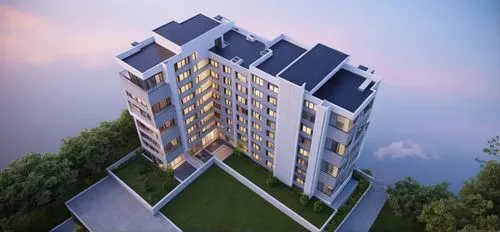 More photorealistic, blender render, vray rendering, Realistic, Residential building ,an architectural view of a modern apartment building,residential tower,sky apartment,high rise building,high-rise 