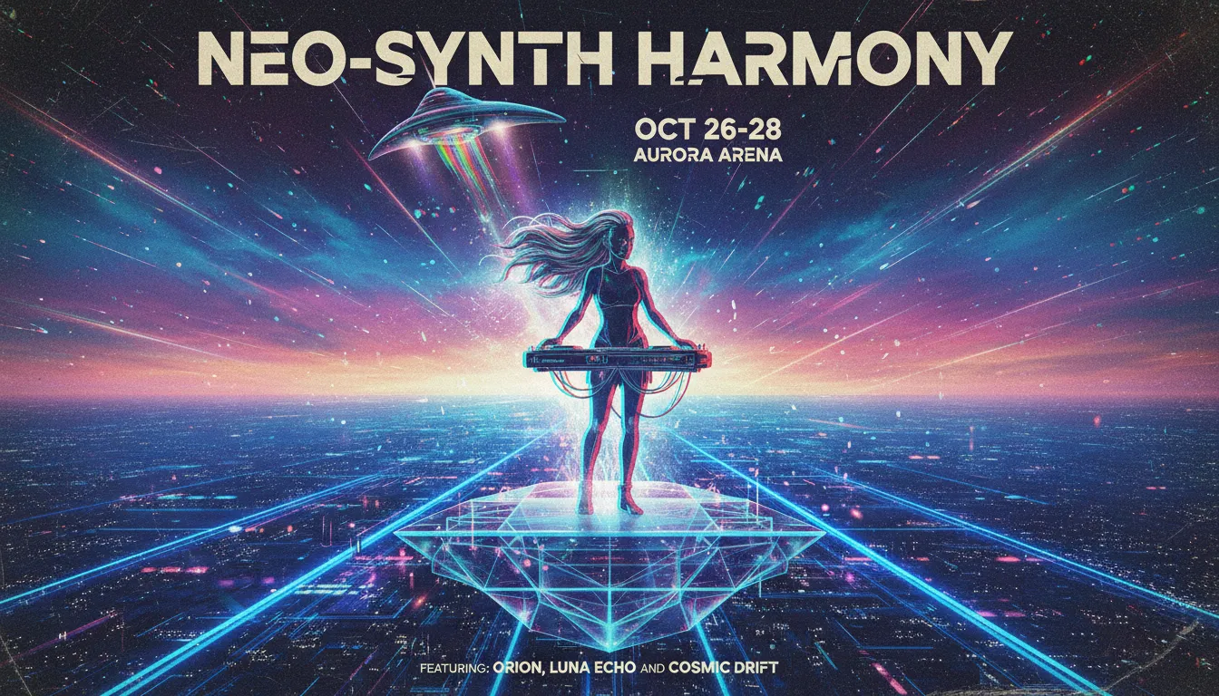 एक संगीत कार्यक्रम के लिए एक जीवंत और भविष्यवादी पोस्टर, जिसमें केंद्रीय आकृति पर एक प्रभावशाली क्रोमेटिक एबरेशन प्रभाव दिखाया गया है।