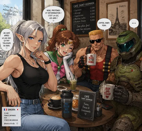 Manga style:

Sakura is a 35-year-old French-Japanese elf and fitness influencer with an ethereal look. She has pointed ears. Her silvery-grey hair is tied back in a ponytail, with a few strands frami