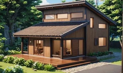 render this house using nippa hut material, keeping the same silouhuete and character lines, but use traditional natural materials,the house is very small and neat and has lots of windows,wooden house