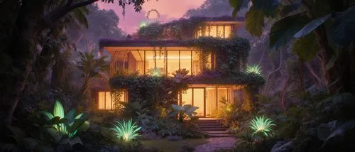 Cinematic architectural poster of a near-fantastical house integrated with nature, glowing soft warm light, surreal lush gardens with oversized plants and glowing flora, ethereal atmosphere.,an image 