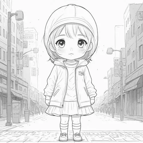 A little girl,rainwear,mono-line line art,raincoat,mono line art,tiribocchi,snowsuit,winter clothing,winter clothes,hikari,parka,lineart,chibi girl,chibchan,momoe,bocchi,tomoyo,line art,anime japanese