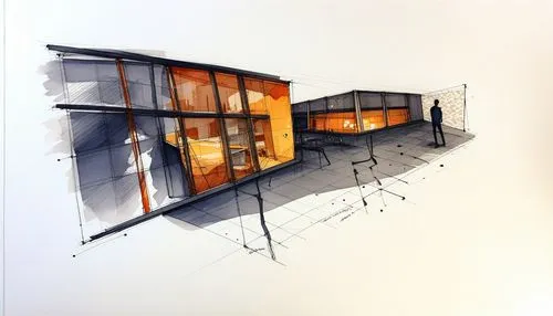 sketch drawing of a house with two small orange rooms,prefab,projectra,premises,fromental,promisor,prempro