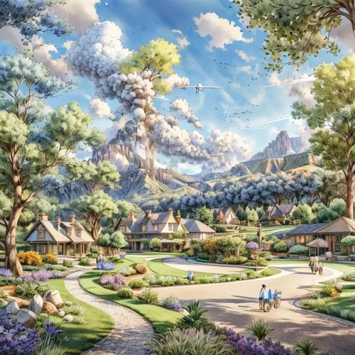 aurora village,alpine village,knight village,violet evergarden,fairy village,shanghai disney,fairy world,mountain village,resort town,clover meadow,landscape background,golf resort,flower garden,the d