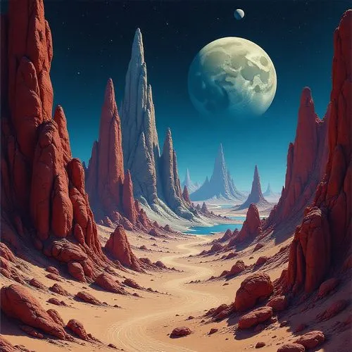 Surreal futuristic sci-fi landscape in the style of William Roger Dean, YES album cover,the view of a desert scene from space with a full moon,lunar landscape,moon valley,moonscape,valley of the moon,