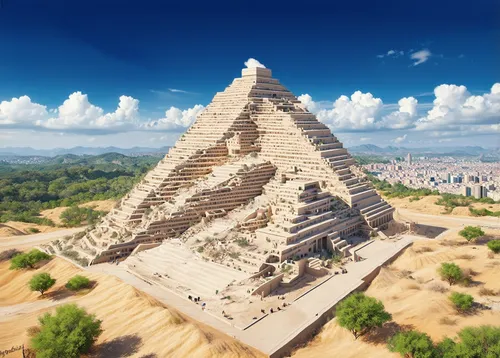 32k photo-realistic, high-definition, HQ resolution, super-HD perfect Design wallpaper, Design Concepts: Modern Futuristic Building: **AI-Controlled Ziggurat Complex: A complex of interconnected ziggu