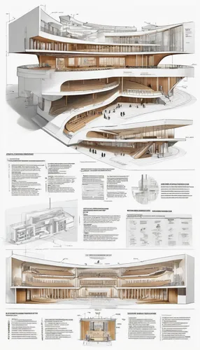  an architectural presentation board of an architectural project of modern theatre hall the house of concerts, floor plans, views, sections, schematic concept studies, perspectives, 3D renders, texts,
