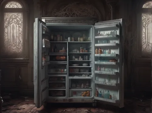 Compose a horror screenplay set in a creepy old mansion with a haunted K￼ppersbusch refrigerator.,apothecary,pantry,armoire,refrigerator,cupboard,fridge,vending machine,pharmacy,cabinets,cabinet,cosme