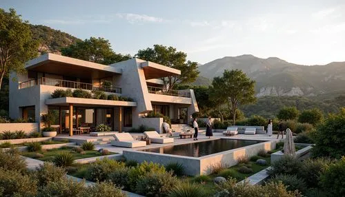 Eclectic postmodern villa, fragmented forms, irregular shapes, bold color blocking, playful juxtapositions, mixed materials, rough stone walls, smooth glass surfaces, wooden accents, metal frames, orn