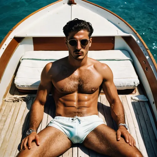 A 25 years old fit italian mafia man, 1950 vintage, boat sunbath, swim brief, luxury,boat operator,brown sailor,swim brief,anchored,danila bagrov,paddler,male model,anchor,on a yacht,mariner,lifeguard
