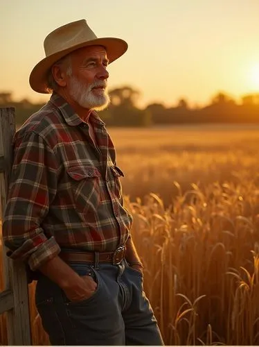 A weathered farmer in a golden wheat field at sunset, gazing out over his land. He’s in his 70s, with deep lines on his face and a straw hat perched low over his eyes. Dressed in worn jeans and a plai