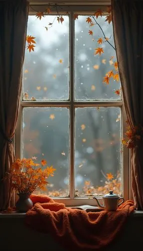 "Create a November wallpaper with a cozy window view on a rainy day, showing raindrops on the glass, a warm blanket, and a cup of tea on the windowsill."


























,a window in a house