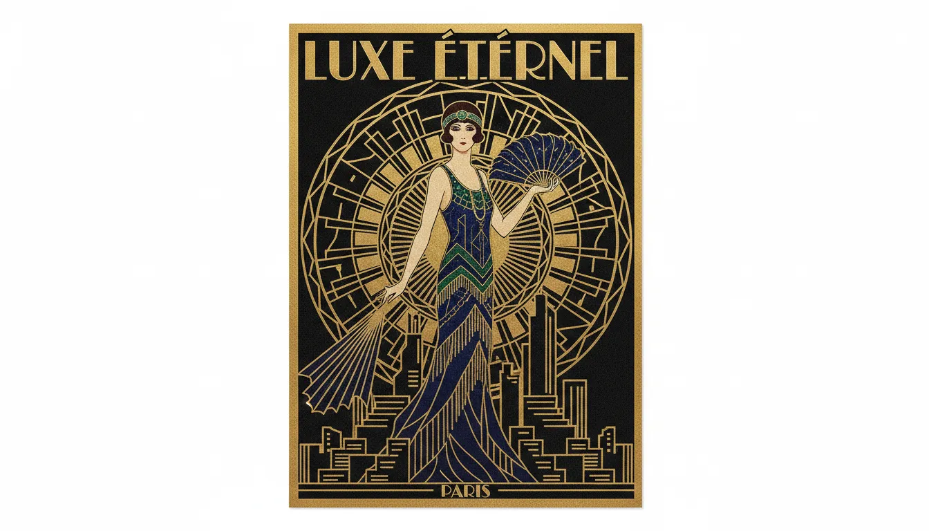 Un magnifico poster Art Déco generato dall'AI che raffigura una donna stilizzata in un abito in stile anni '20 su uno sfondo simmetrico oro e nero con un prominente motivo a raggiera.