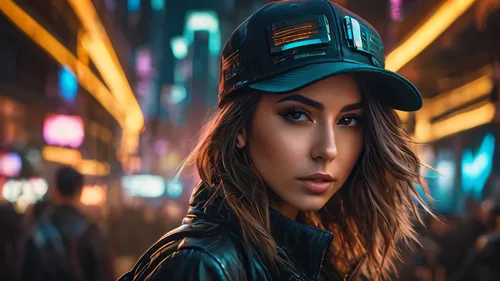 Beautiful woman medium hair, wearing cap, cyberpunk style short clothes,girl wearing hat,the hat-female,zofia,portrait background,city ​​portrait,world digital painting,3d background,photoshop manipul