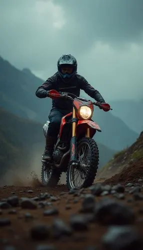 Cinematic wide-angle shot of a man accelerating his dirtbike over a rugged mountainous terrain under an overcast sky, rain droplets glimmering on the bike and rider’s gear. The dramatic lighting contr