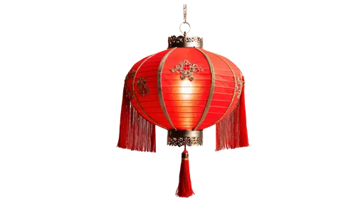 Traditional Chinese lantern, ornate metal frame, vibrant red silk shade, golden tassels, intricate carvings, soft warm glow, dimly lit, shallow depth of field, 3/4 composition, cinematic lighting, clo