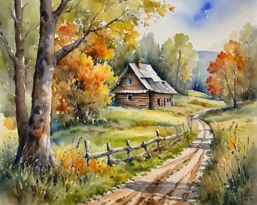 Uncovering hidden treasures in the majestic Russian countryside,fall landscape,watercolor background,autumn landscape,watercolor,watercolor painting,home landscape,country cottage,cottage,watercolor p