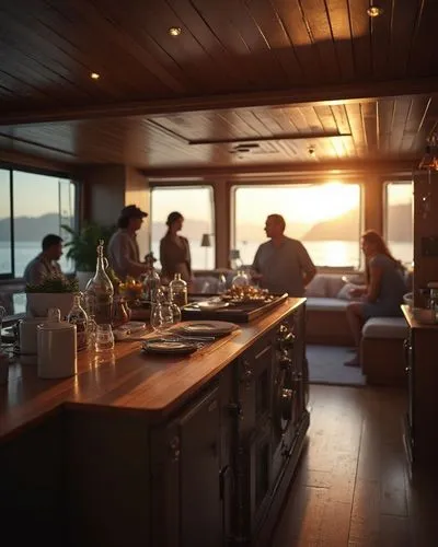 the kitchen has a very long counter with a wine glass in it,breakfast on board of the iron,houseboat,sundeck,wheelhouse,on a yacht,houseboats,chefs kitchen,dunes house,breakfast room,breakfast table,k