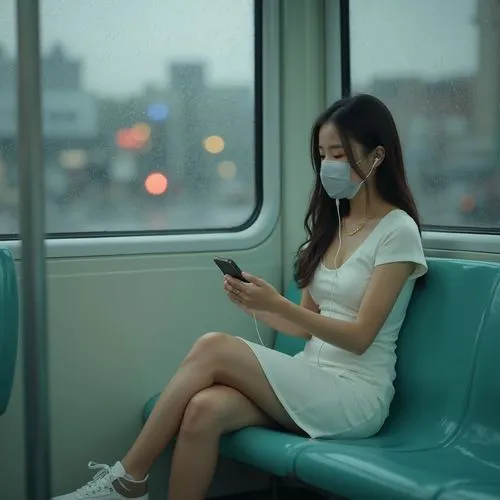 the young woman sits in a train on her phone,pollution mask,breathing mask,surgical mask,flu mask,protective mask,contagion