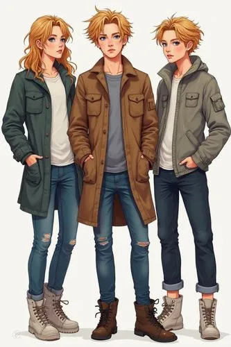Full body set of stylish male with rock chic, strawberry blonde hair and blue eyes in three different outfits. Fashion illustration.,three young boys in brown jackets standing next to each other,clove