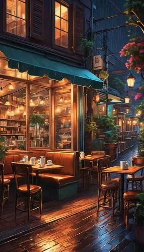 Cozy night cafe, warm atmosphere, soft jazz music, dimmed light, wooden tables, leather sofas, steam rising from coffee cups, delicious aroma of freshly brewed coffee, mouthwatering desserts, cakes, s