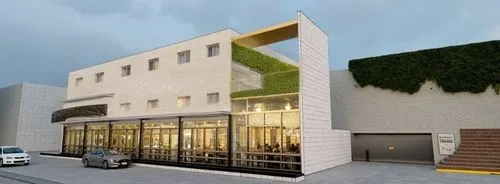 COLOR DORADO,an empty building with a tall plant on the side,modern building,residencial,3d rendering,school design,multistoreyed,new building,office building,modern architecture,modern house,appartme