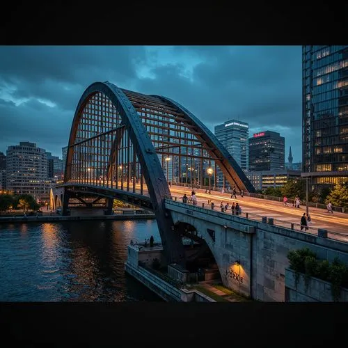 Curved bridge silhouette, sleek metal fa\u00e7ades, cantilevered walkways, glass railings, modernist architecture, abstract geometric patterns, dynamic LED lighting, urban cityscape, busy traffic flow