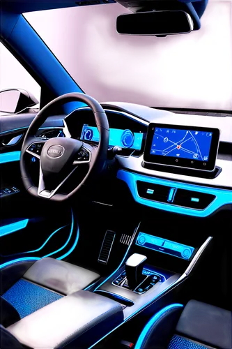 Android car navigation system, modern dashboard, sleek design, touchscreen display, glass screen, metallic trim, leather steering wheel, 3D rendered car model, futuristic interior, neon blue lights, s