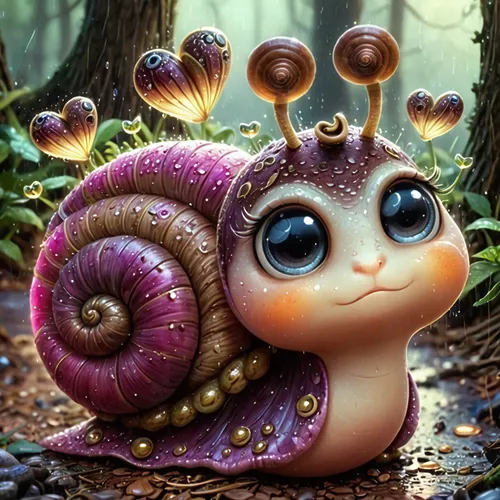 a snail with large blue eyes and some sort of hair,snail,nut snail,acorn,garden snail,gastropod,cute cartoon character,snails,faery,fantasy animal,fallen acorn,mollusk,forest anemone,snail shell,shell