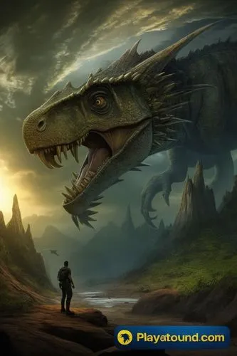 a man walking past a dinosaur near a forest,fantasy picture,game illustration,tyrannosaur,cartoon video game background,giant lizard,fantasy art,cretaceous,fantasy landscape,tyrannosaurus,mobile video