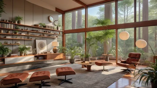 Frank Lloyd Wright Interior Design, Huge floor-to-ceiling glass windows,mid century modern,mid century house,modern living room,interior modern design,florida home,living room,interior design,breakfas