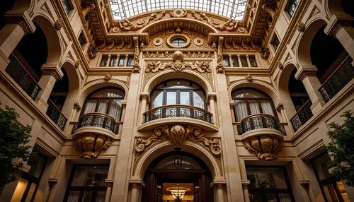 Ornate stone carvings, intricate marble inlays, grandiose archways, rusticated columns, ornamental pediments, classical statues, symmetrical facades, ornate cornices, curved balconies, wrought iron ra