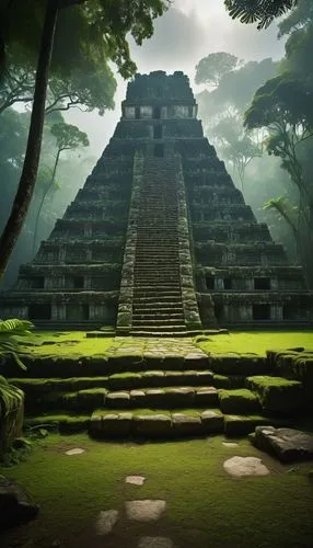 Ancient Mayan temple, Mexico, Yucatan Peninsula, stone structures, intricate carvings, vibrant colors, Aztec patterns, pyramidal shape, lush green jungle surroundings, exotic plants, misty atmosphere,