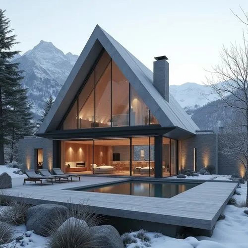 A hyper-realistic, high-resolution architectural photograph of a luxurious, alpine-style modern villa nestled in a mountainous landscape. The home features a prominent A-frame roof and is constructed 