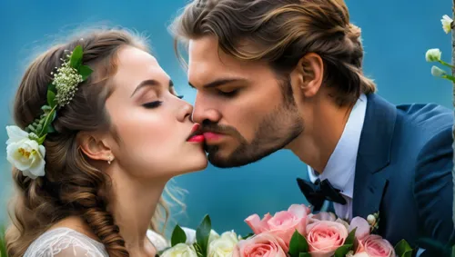 A pretty young lady is kissing an elegant young gentleman, flowers,a man and a women kissing while surrounded by roses,rose garden bad kissingen,romancing,romantic scene,romanza,betrothal,himesh,Photo